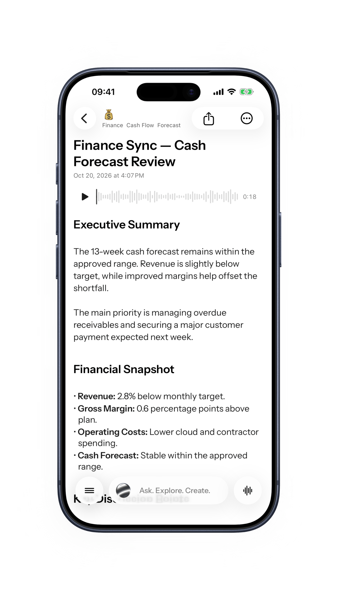 Sunote note with a recording, summary, and key details